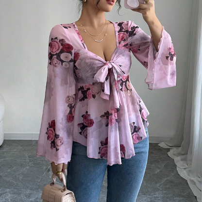 ⌛Limited-Time Offer-Women's Floral Print Square Neck Tie-Front Blouse