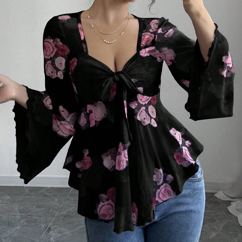 ⌛Limited-Time Offer-Women's Floral Print Square Neck Tie-Front Blouse