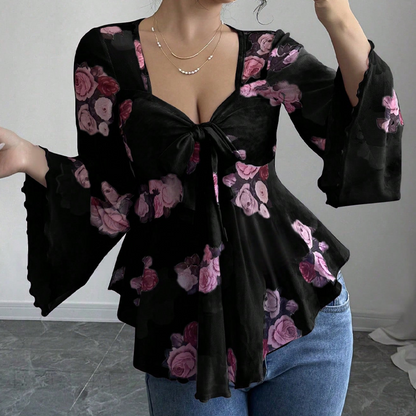 ⌛Limited-Time Offer-Women's Floral Print Square Neck Tie-Front Blouse