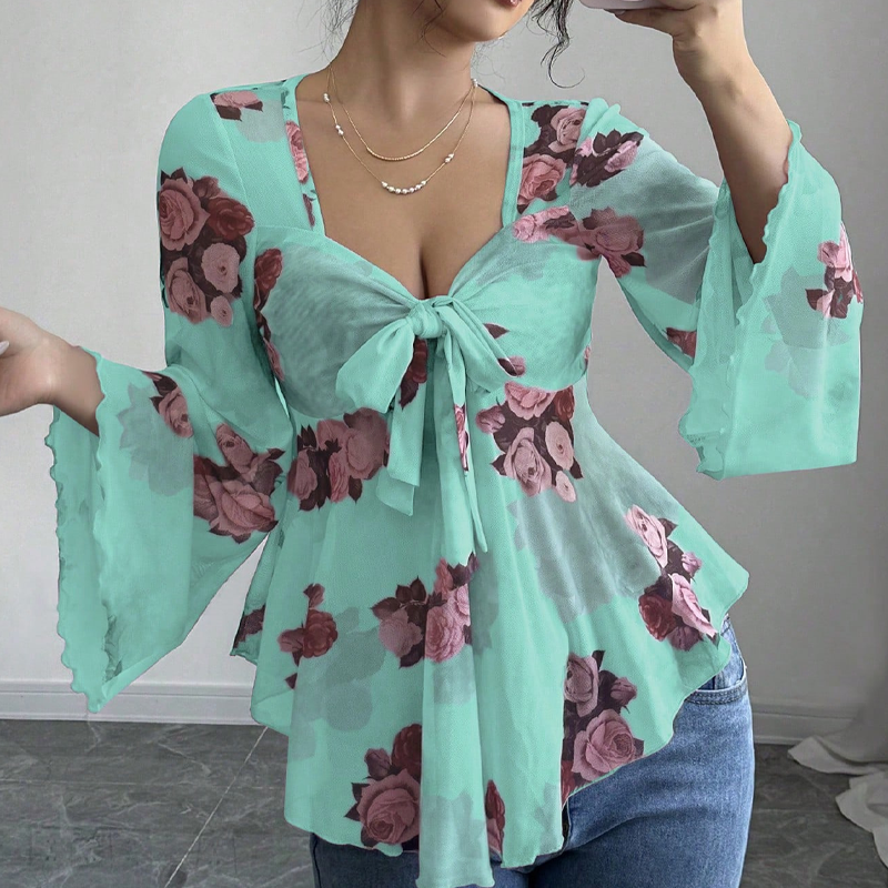 ⌛Limited-Time Offer-Women's Floral Print Square Neck Tie-Front Blouse