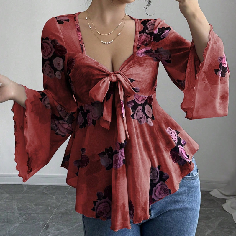 ⌛Limited-Time Offer-Women's Floral Print Square Neck Tie-Front Blouse