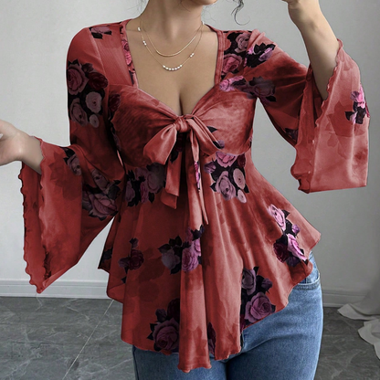 ⌛Limited-Time Offer-Women's Floral Print Square Neck Tie-Front Blouse