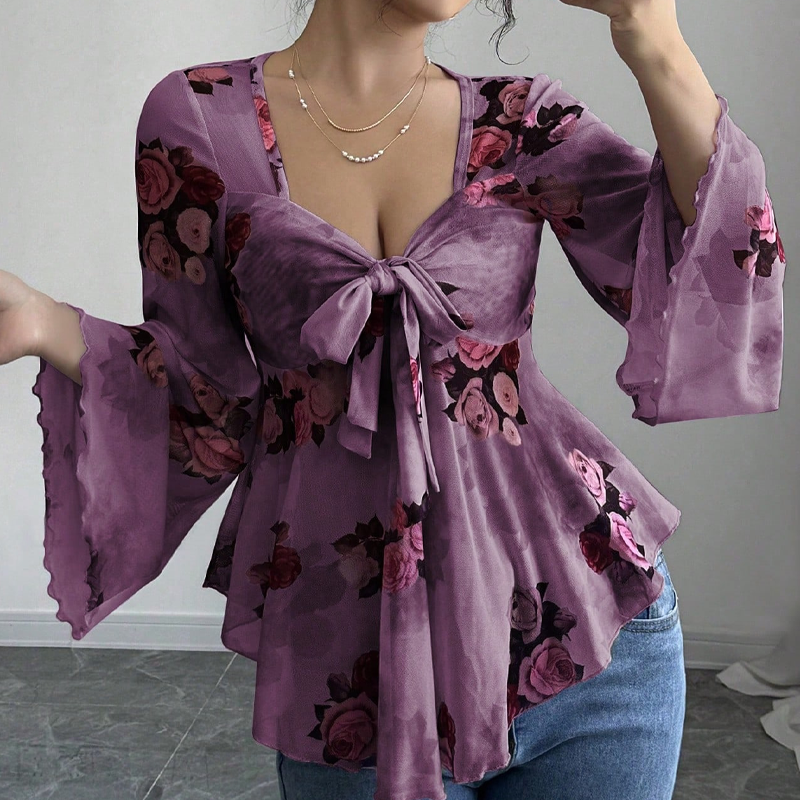 ⌛Limited-Time Offer-Women's Floral Print Square Neck Tie-Front Blouse