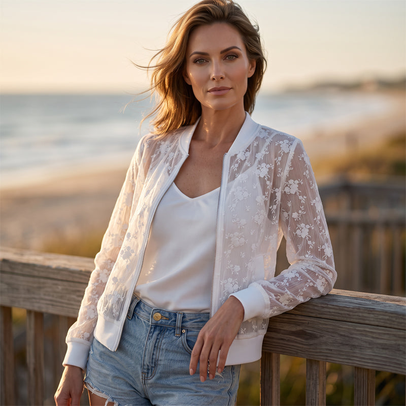 ⌛Limited-Time Offer-Women's Sheer Floral Lace Zip-Up Baseball Jacket
