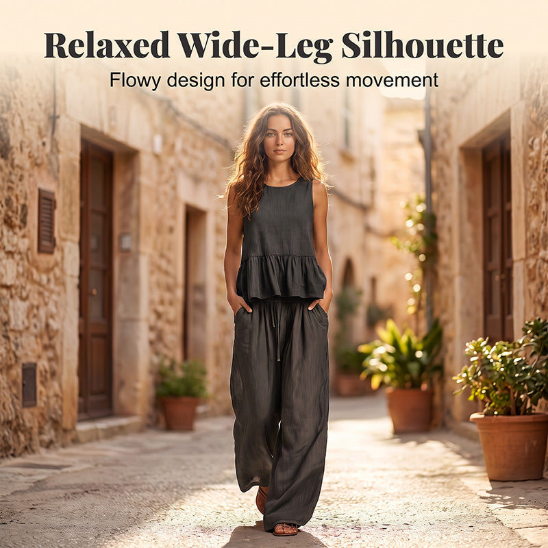 ⌛Limited-Time Offer-Women Casual Sleeveless Ruffle Top and Wide Leg Long Pants Set