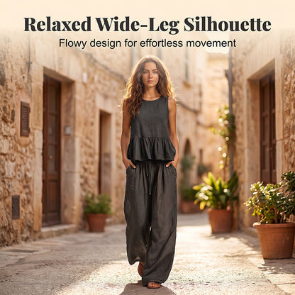 ⌛Limited-Time Offer-Women Casual Sleeveless Ruffle Top and Wide Leg Long Pants Set