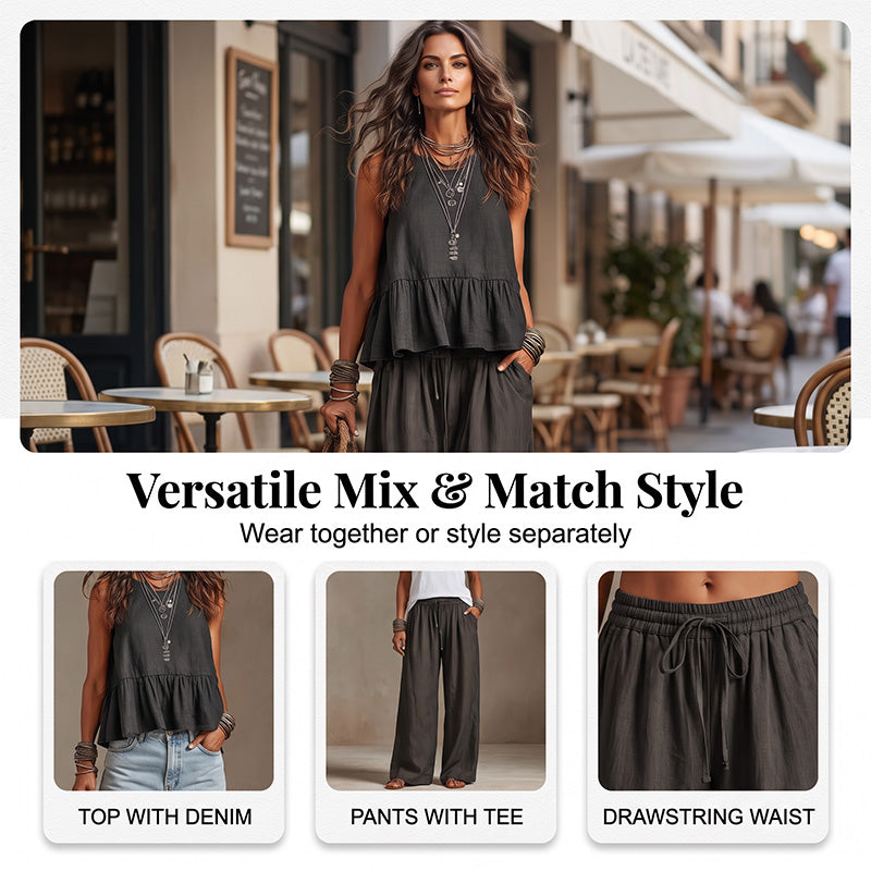 ⌛Limited-Time Offer-Women Casual Sleeveless Ruffle Top and Wide Leg Long Pants Set