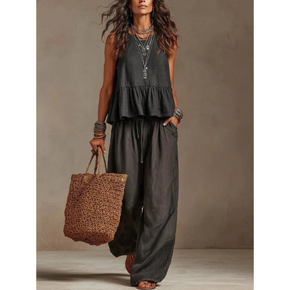 ⌛Limited-Time Offer-Women Casual Sleeveless Ruffle Top and Wide Leg Long Pants Set