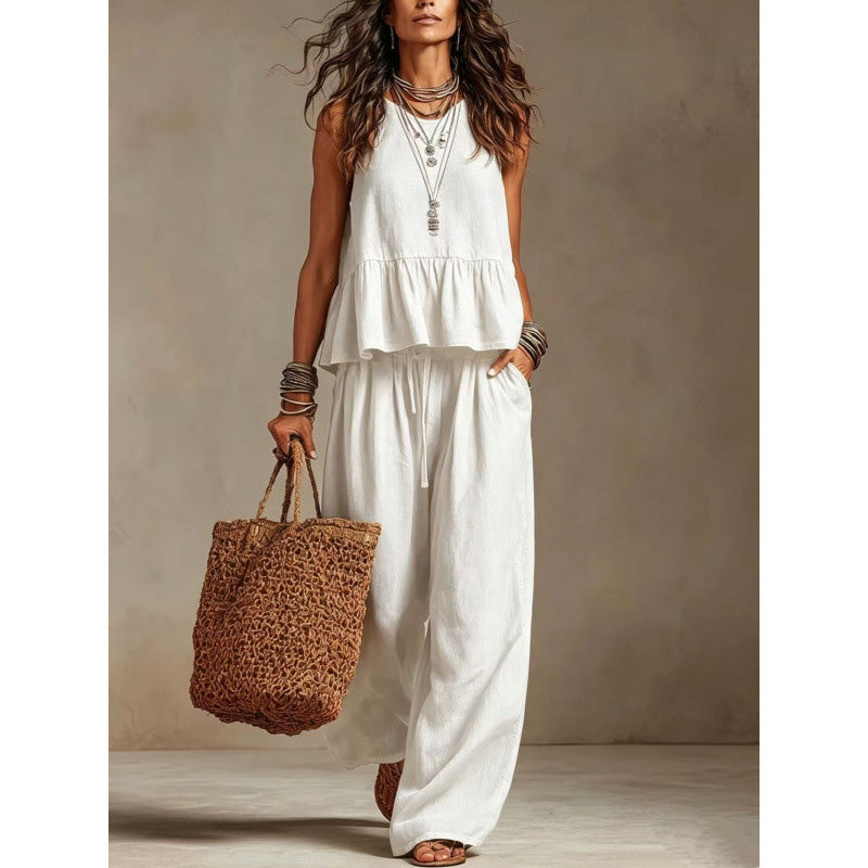 ⌛Limited-Time Offer-Women Casual Sleeveless Ruffle Top and Wide Leg Long Pants Set