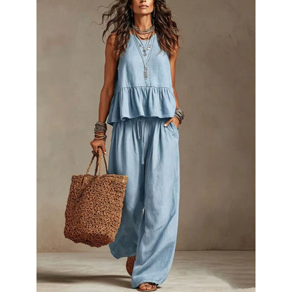⌛Limited-Time Offer-Women Casual Sleeveless Ruffle Top and Wide Leg Long Pants Set