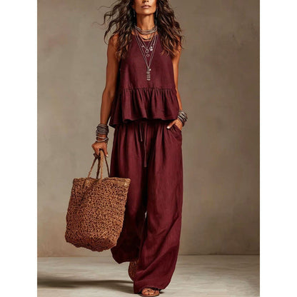 ⌛Limited-Time Offer-Women Casual Sleeveless Ruffle Top and Wide Leg Long Pants Set