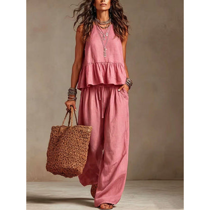 ⌛Limited-Time Offer-Women Casual Sleeveless Ruffle Top and Wide Leg Long Pants Set