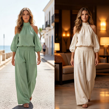 🎉 LIMITED TIME 50% OFF! 🌸 Women's Cold Shoulder Halter Neck Top & Wide-Leg Trousers Set – Boho Elegance & Linen-Like Breathability ✨