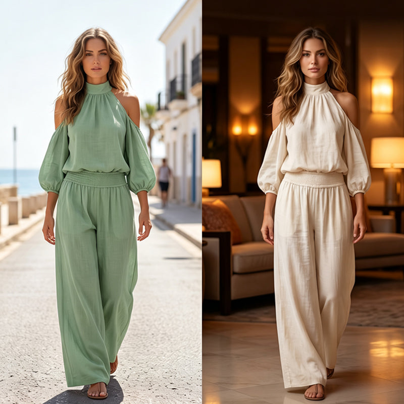 Women's Cold Shoulder Halter Neck Top & Wide-Leg Trousers Set 🌸 Bare the Shoulders, Free the Legs – Summer's Most Flattering Co-Ord ✨