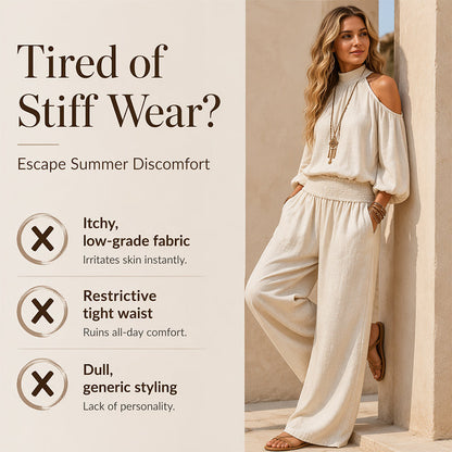 Women's Cold Shoulder Halter Neck Top & Wide-Leg Trousers Set 🌸 Bare the Shoulders, Free the Legs – Summer's Most Flattering Co-Ord ✨