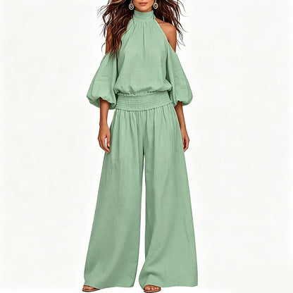 Women's Cold Shoulder Halter Neck Top & Wide-Leg Trousers Set 🌸 Bare the Shoulders, Free the Legs – Summer's Most Flattering Co-Ord ✨