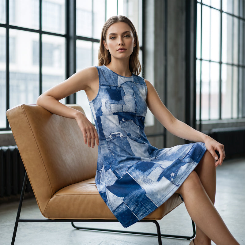 ⌛Limited-Time Offer-Women's Sleeveless Faux Denim Print Dress