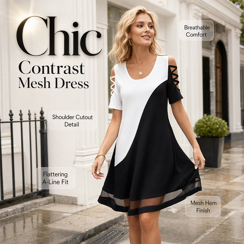 ⌛Limited-Time Offer-Women's Color-Block Crew-Neck Midi Dress with Mesh Hem