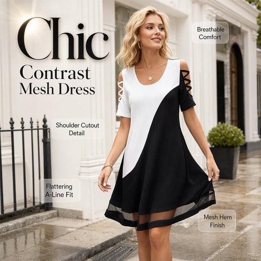 ⌛Limited-Time Offer-Women's Color-Block Crew-Neck Midi Dress with Mesh Hem