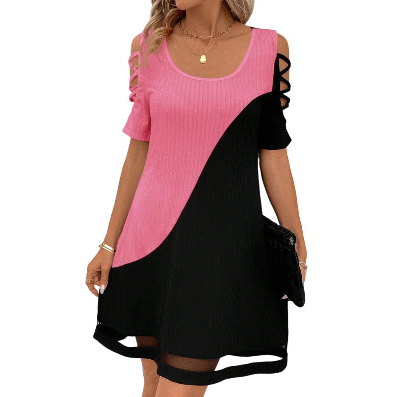 ⌛Limited-Time Offer-Women's Color-Block Crew-Neck Midi Dress with Mesh Hem