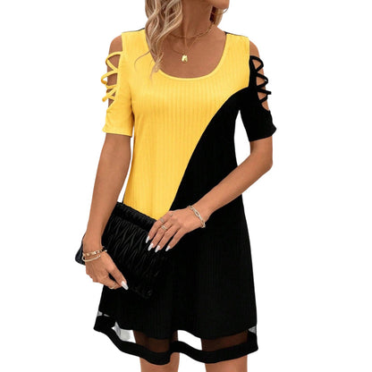 ⌛Limited-Time Offer-Women's Color-Block Crew-Neck Midi Dress with Mesh Hem