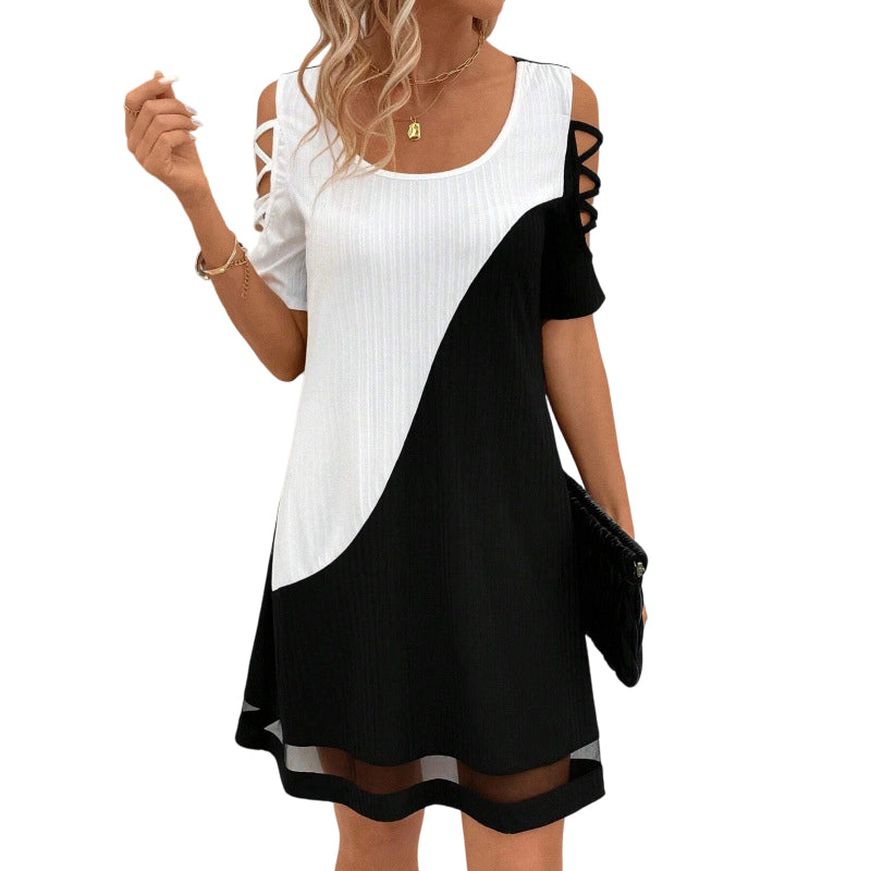 ⌛Limited-Time Offer-Women's Color-Block Crew-Neck Midi Dress with Mesh Hem