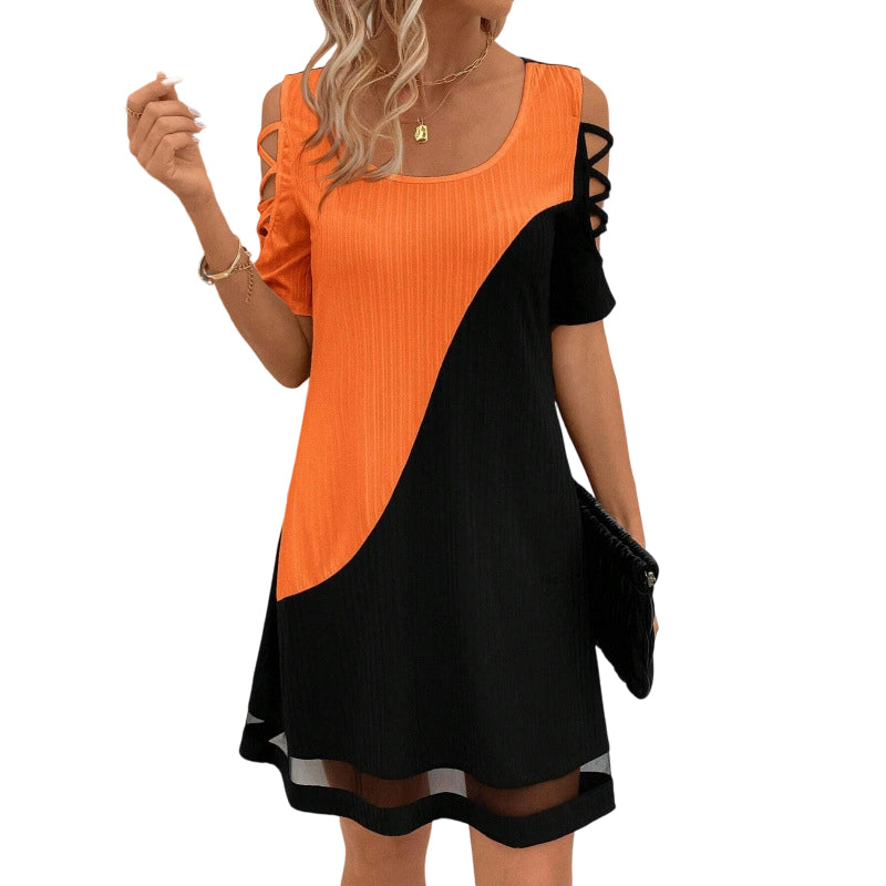 ⌛Limited-Time Offer-Women's Color-Block Crew-Neck Midi Dress with Mesh Hem