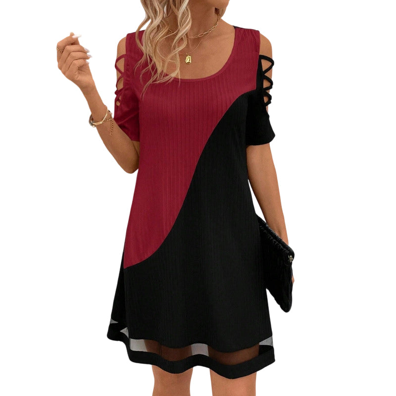 ⌛Limited-Time Offer-Women's Color-Block Crew-Neck Midi Dress with Mesh Hem