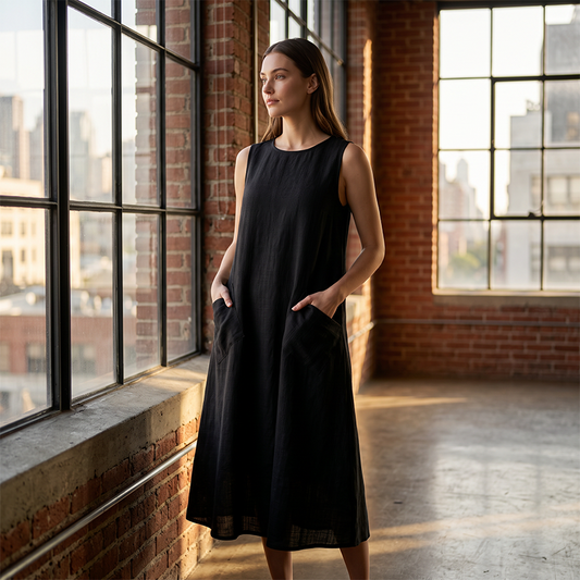 ⌛Limited-Time Offer-Women's Sleeveless Round Neck Casual Dress Loose Fit Linen-Look Maxi Dress with Pockets