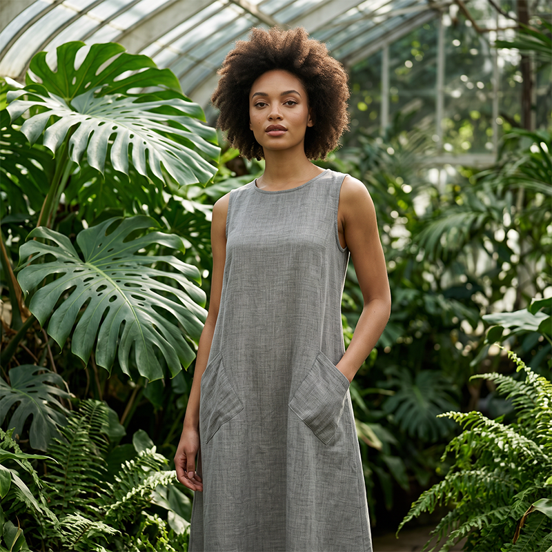 ⌛Limited-Time Offer-Women's Sleeveless Round Neck Casual Dress Loose Fit Linen-Look Maxi Dress with Pockets