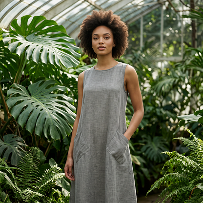 ⌛Limited-Time Offer-Women's Sleeveless Round Neck Casual Dress Loose Fit Linen-Look Maxi Dress with Pockets