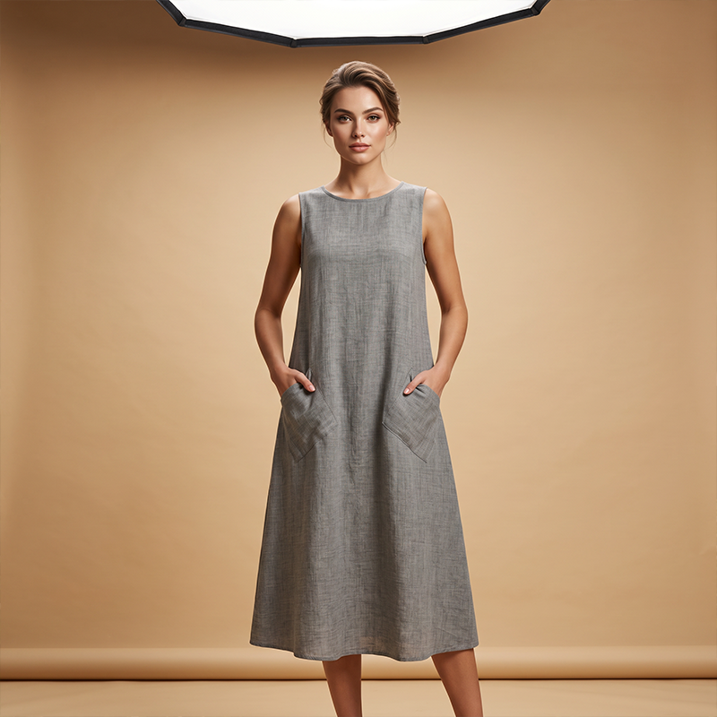 ⌛Limited-Time Offer-Women's Sleeveless Round Neck Casual Dress Loose Fit Linen-Look Maxi Dress with Pockets