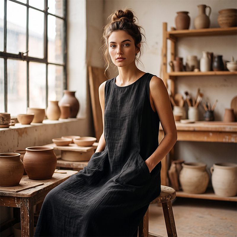 ⌛Limited-Time Offer-Women's Sleeveless Round Neck Casual Dress Loose Fit Linen-Look Maxi Dress with Pockets