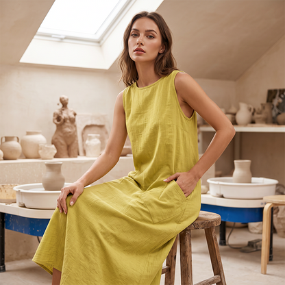 ⌛Limited-Time Offer-Women's Sleeveless Round Neck Casual Dress Loose Fit Linen-Look Maxi Dress with Pockets