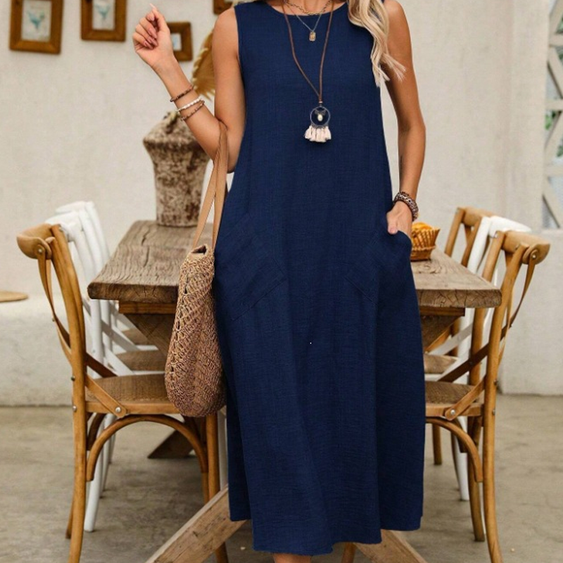 ⌛Limited-Time Offer-Women's Sleeveless Round Neck Casual Dress Loose Fit Linen-Look Maxi Dress with Pockets