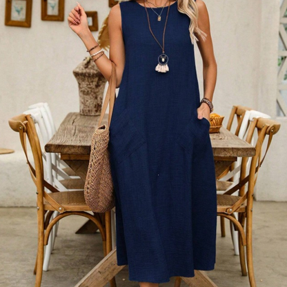 ⌛Limited-Time Offer-Women's Sleeveless Round Neck Casual Dress Loose Fit Linen-Look Maxi Dress with Pockets