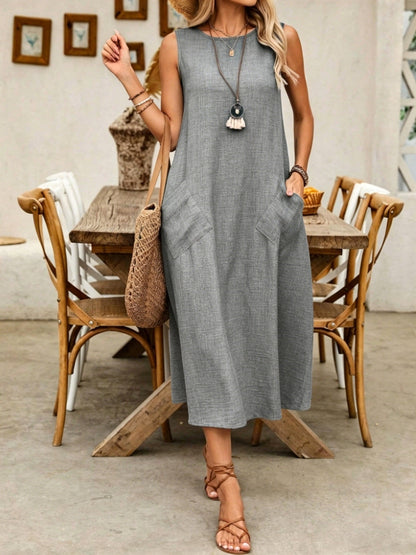 ⌛Limited-Time Offer-Women's Sleeveless Round Neck Casual Dress Loose Fit Linen-Look Maxi Dress with Pockets