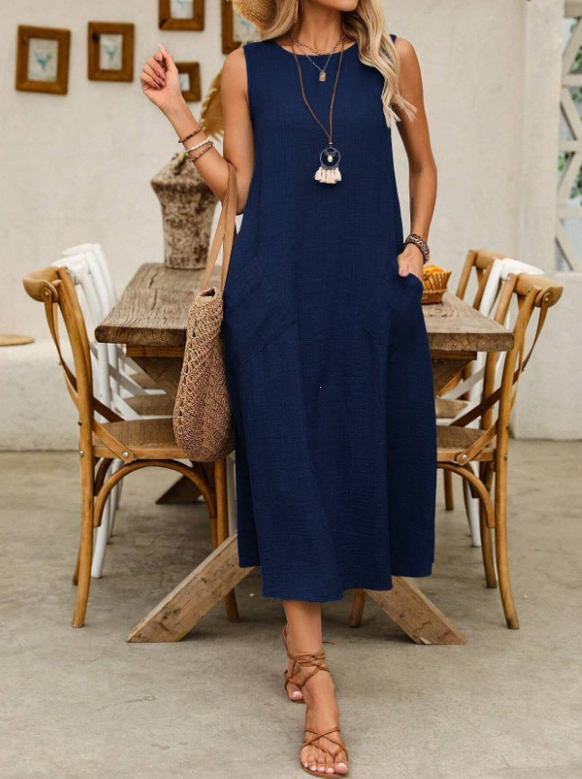 ⌛Limited-Time Offer-Women's Sleeveless Round Neck Casual Dress Loose Fit Linen-Look Maxi Dress with Pockets