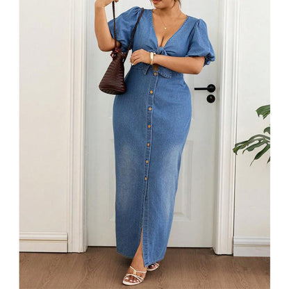 🌸🌀 LIMITED TIME 50% OFF! 👗V-Neck Denim Maxi Dress – Cinched waist & flowing length – Flatter your figure in style.