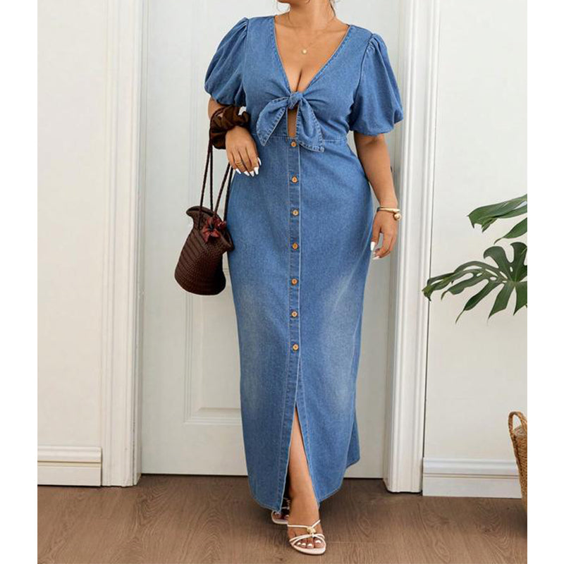 🌸🌀 LIMITED TIME 50% OFF! 👗V-Neck Denim Maxi Dress – Cinched waist & flowing length – Flatter your figure in style.