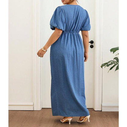🌸🌀 LIMITED TIME 50% OFF! 👗V-Neck Denim Maxi Dress – Cinched waist & flowing length – Flatter your figure in style.