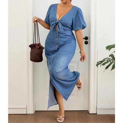 🌸🌀 LIMITED TIME 50% OFF! 👗V-Neck Denim Maxi Dress – Cinched waist & flowing length – Flatter your figure in style.