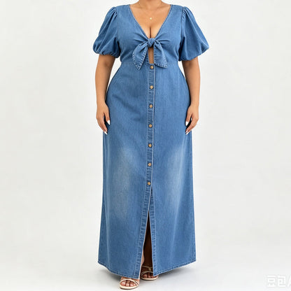 🌸🌀 LIMITED TIME 50% OFF! 👗V-Neck Denim Maxi Dress – Cinched waist & flowing length – Flatter your figure in style.