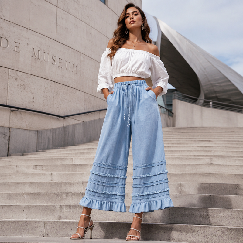⌛Limited-Time Offer-Women's Ruffle Hem Tencel Denim Wide Leg Pants