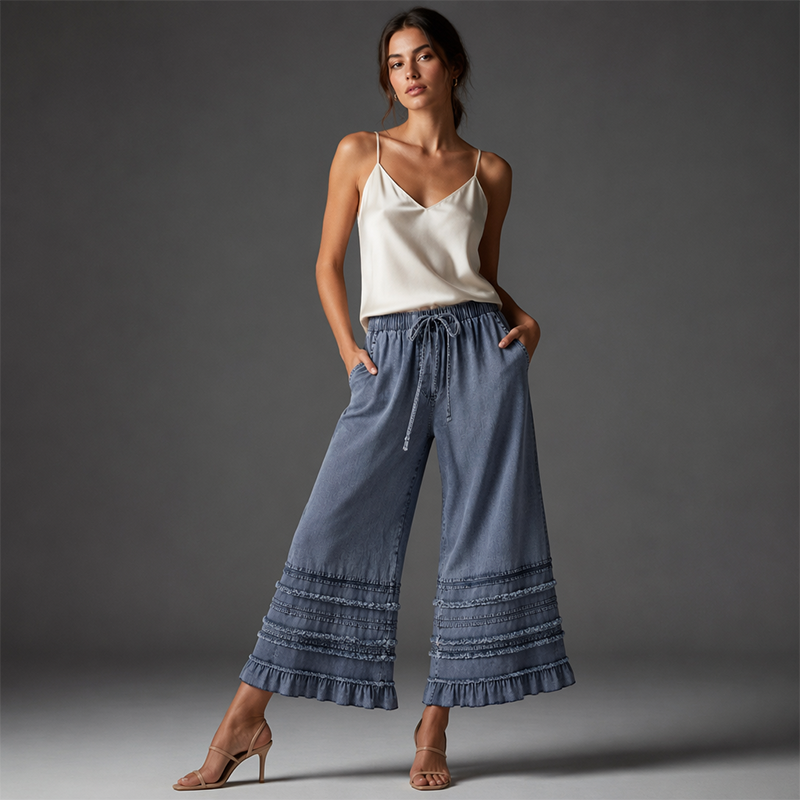 ⌛Limited-Time Offer-Women's Ruffle Hem Tencel Denim Wide Leg Pants