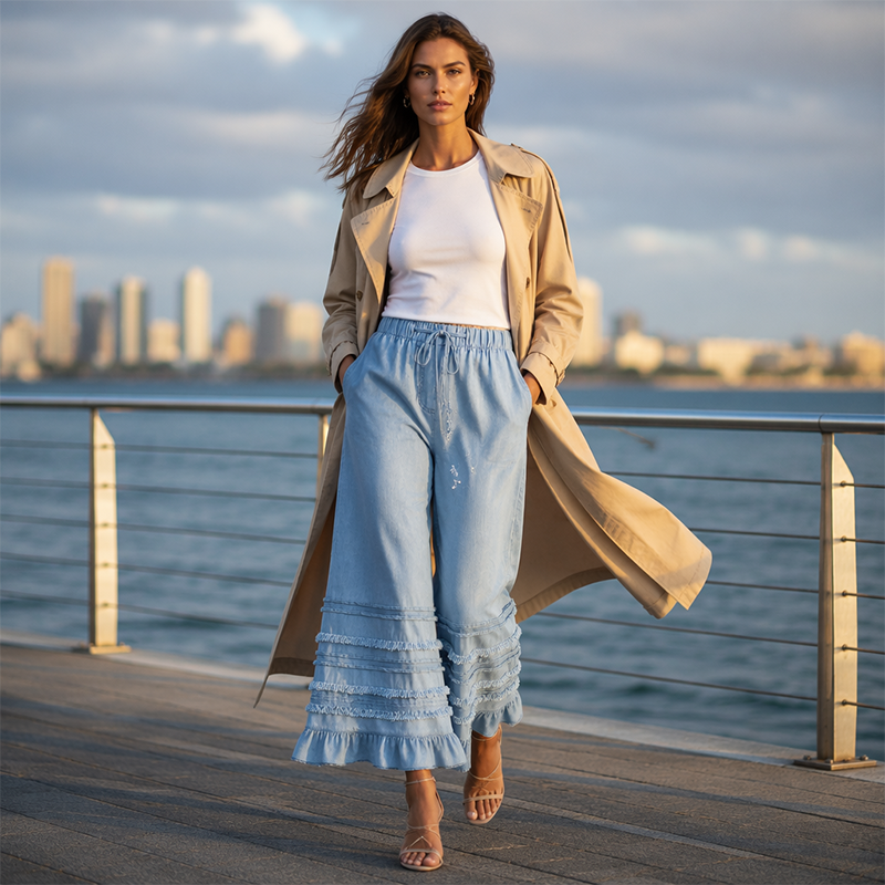 ⌛Limited-Time Offer-Women's Ruffle Hem Tencel Denim Wide Leg Pants