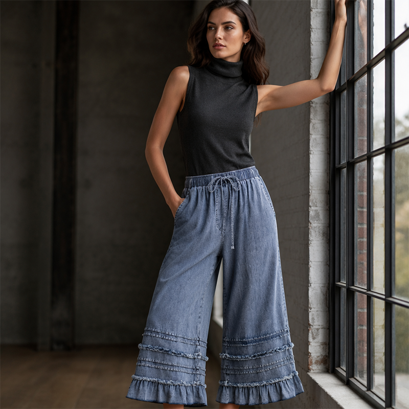 ⌛Limited-Time Offer-Women's Ruffle Hem Tencel Denim Wide Leg Pants