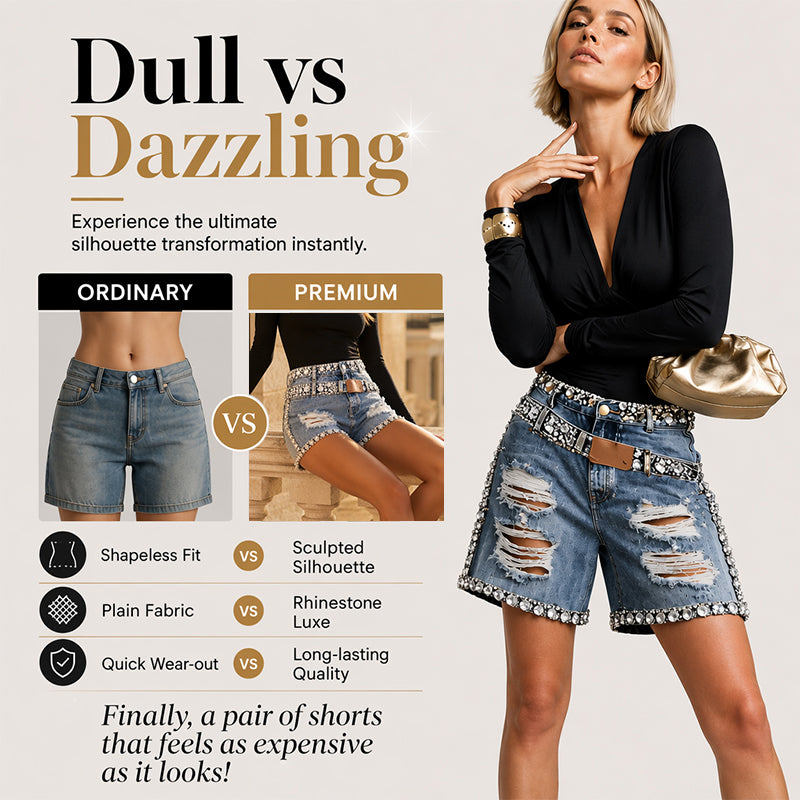 ⌛Limited-Time Offer-Women's Rhinestone Ripped Denim Shorts