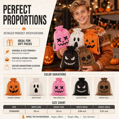 ⌛Limited-Time Offer-Halloween Drawstring Burlap Bags Spooky Face Treat Pouch