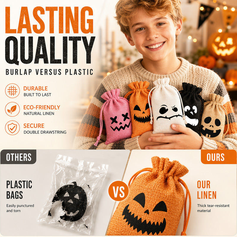 ⌛Limited-Time Offer-Halloween Drawstring Burlap Bags Spooky Face Treat Pouch